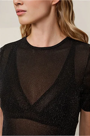 Blusa De Tule Manga Curta Com Brilho