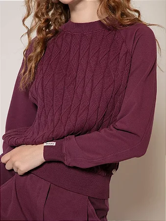 Blusa de algodão em moletom com detalhe fontal em tricô