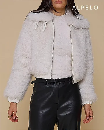 Jaqueta de Pelo Sintético com Detalhes em Couro PU