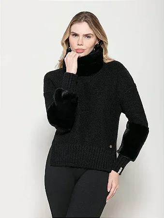 Blusa com gola removível e manga em pele fake