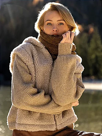Casaco em tricô canelado com pele fake