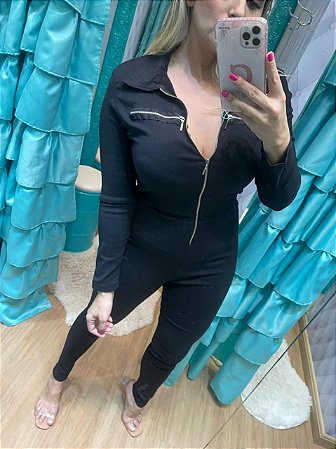 Macacao manga longa com lastex e ziper moda outono inverno
