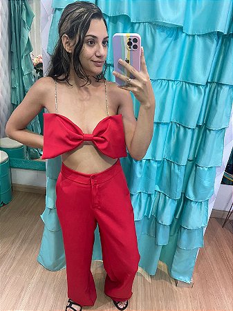 conjunto de calça e cropped chic social vermelho feminino - Caramell Modas  & Acessórios