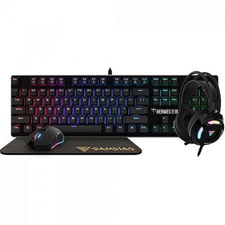 COMBO GAMER GAMDIAS E1B 4 EM 1, COM TECLADO MECÂNICO, HEADSET, MOUSE E MOUSEPAD, HERMES E1B 4-IN-1COMBO (US/BLUE)