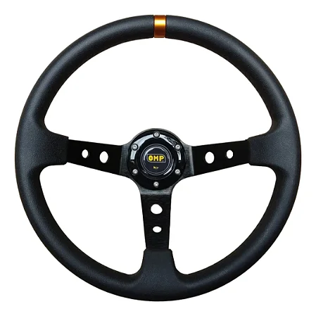 VOLANTE ESPORTIVO COM FURAÇÃO UNIVERSAL PARA SIMULADOR OMP PRETO COM DETALHE DOURADO