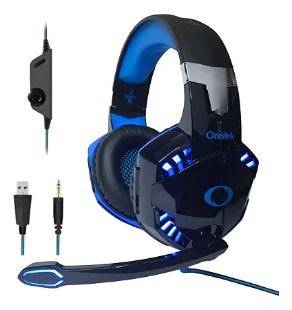 HEADSET GAMER ONISTEK HATHOR ON-455A PRETO COM LED AZUL P3 + 2 P2