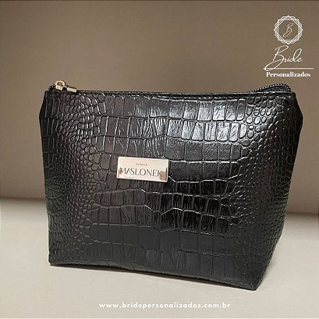 Nécessaire Trapézio Croco Preto Personalizada com plaquinha gravada a laser
