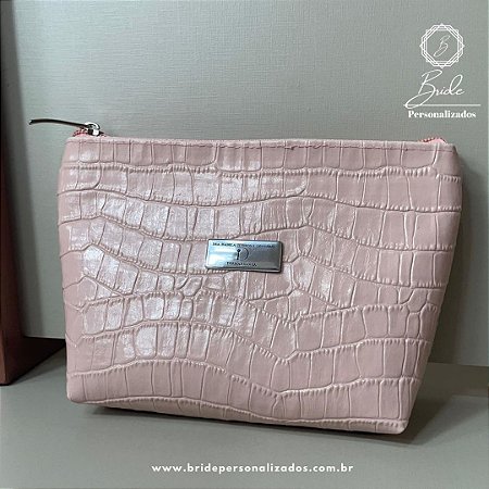 Nécessaire Trapézio Croco Rosé Personalizada com plaquinha gravada a laser