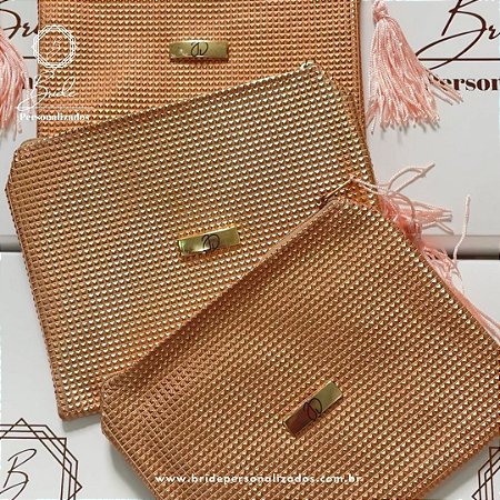 Nécessaire Metalizada Rosé Gold com placa personalizada