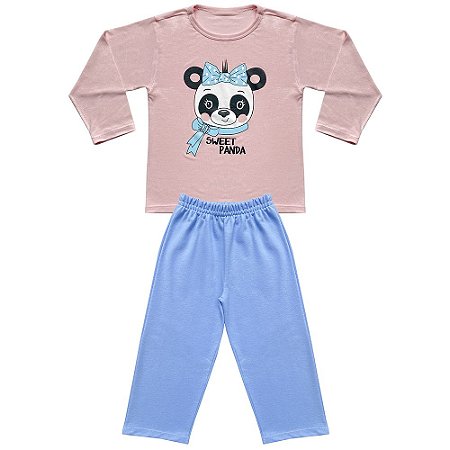 Pijama Infantil Look Jeans Longo Panda Rosa/Azul