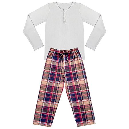 Pijama Juvenil Look Jeans Longo Branco/Xadrez