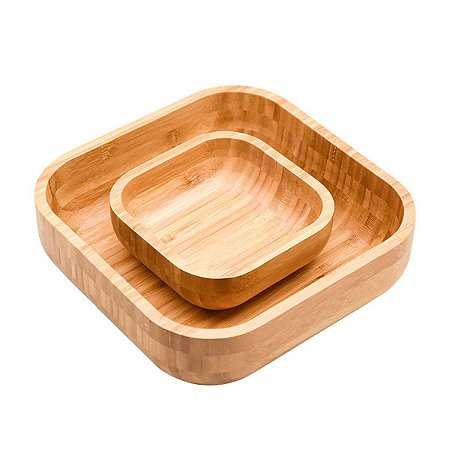 Kit Bowl De Bambu Quadrado 23cm + 14cm Conjunto 2 Peças Petiscos Decoração Cozinha