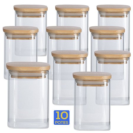 Kit 10 Potes de Vidro Porta Mantimento Hermético Tampa de Bambu - Quadrado