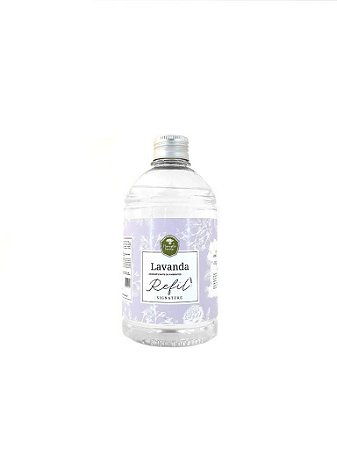 Refil Lavanda 500 ml + dois conjuntos de varetas de fibra de algodão com cinco unidades cada.