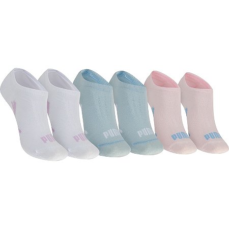 Meias Puma Feminina Sapatilha Esportiva- Kit com 3 pares - Azul/Branca/Rosa- 34 a 39