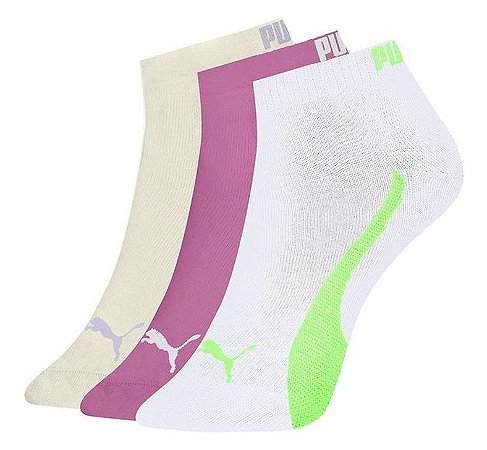 Meias Puma Feminina Sapatilha Esportiva- Kit com 3 pares- Branca/Creme /Rosa 34 a 39