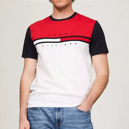 Camiseta Masculina Tommy Hilfiger Logo- Branca + Vermelha
