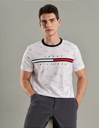 Camiseta Tommy Hilfiger Masculina Flag Stripe   - Branca 78JA523
