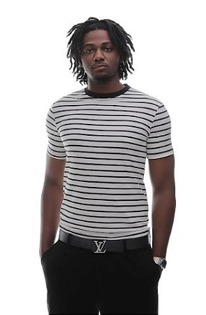 Camiseta Masculina Ermek Label Listrada- Branco off White