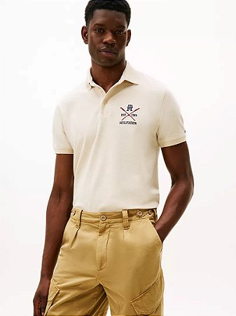 Polo Tommy Hilfiger  Masculina Regular Fit Rowing Crew Logo - Creme XM05644