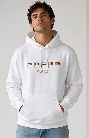 Moletom  Tommy Hilfiger  Masculino Bandeiras Logo -Branca XM07422