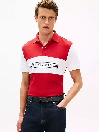 Polo Tommy Hilfiger Masculina-Vermelha/Branca XM07333