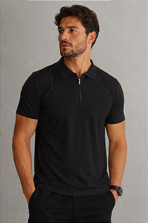 Polo Masculina Sport Fino Meio Ziper-Preta FI84