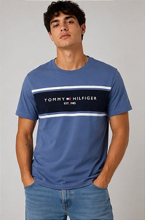 Camiseta Masculina Tommy Hilfiger Logo Faixa 1985-Azul Petróleo XM07453