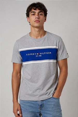 Camiseta Masculina Tommy Hilfiger Logo Faixa 1985-Cinza/Azul XM07453