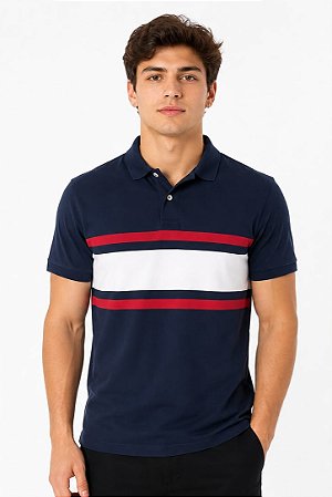 Polo Tommy Hilfiger Masculina Faixa-Azul Marinho 78J7106
