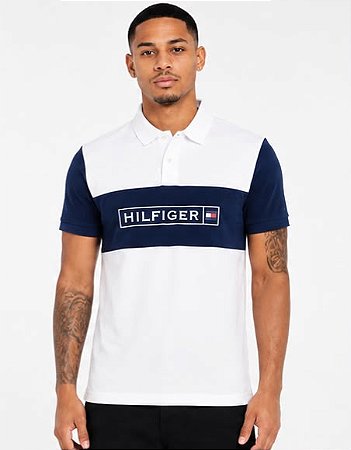 Polo Tommy Hilfiger Masculina Logo Block-Branca/Azul Marinho XM07333