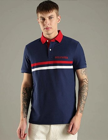Polo Tommy Hilfiger Masculina Color Block-Azul Marinho/Vermelha/Branca XM07680