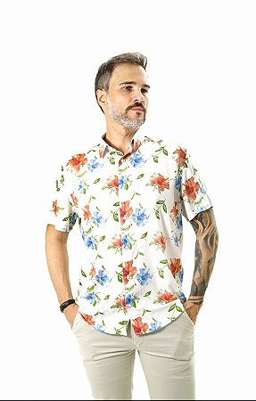 Camisa Masculina Manga Curta Viscose Regular Floral Branco Vermelho