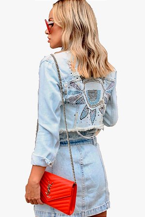 Jaqueta Cropped Degrant Jeans Feminina Detalhes Strass Costas