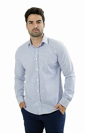 Camisa Masculina Ixória Manga L Slim Fit Listras Azul/Branco