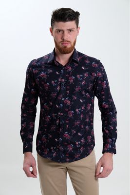 Camisa Masculina Ixória Slim Fit Manga Longa Preta Estampa Floral