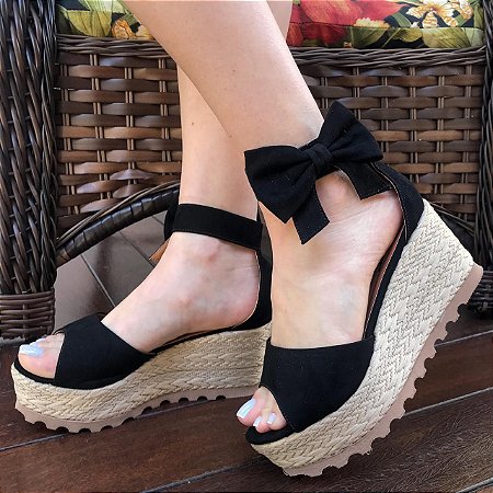 Sandália Feminina Flatform Preta Laço Camurça Suede
