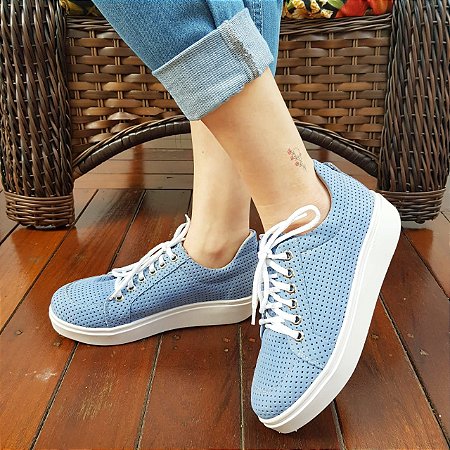 Tênis Feminino Modinha Tendência Nobuck Azul Furinhos