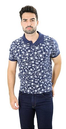 Camiseta Masculina Gola Polo Ixória Piquet Azul Marinho Floral