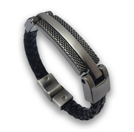 Pulseira Masculina Royal Feita De Couro Preto Trançado, Ao Centro Placa Metálica No Grafite Escovado