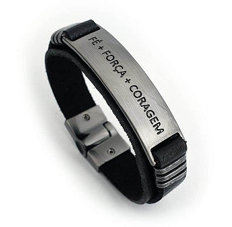 Pulseira Masculina Secret Feita Em Couro Preto Com Placa Metálica Fé força E Coragem