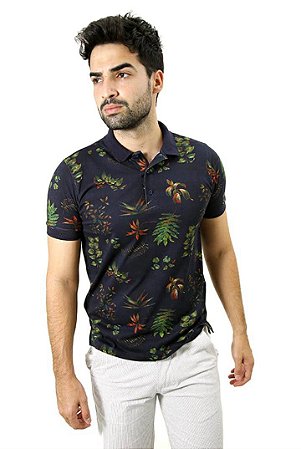 Camiseta Masculina Gola Polo Ixória Piquet Azul Marinho FLorida Folhas