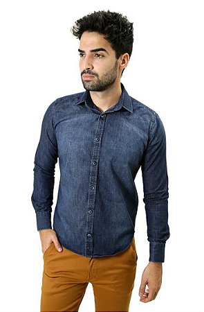Camisa Masculina Jeans Slim Fit Denim Azul Intenso Estonada Exclusiva Luxo