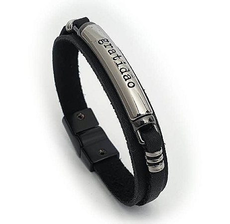 Pulseira Masculina Thank Feita Em Couro Preto Com Placa Metálica Gratidão