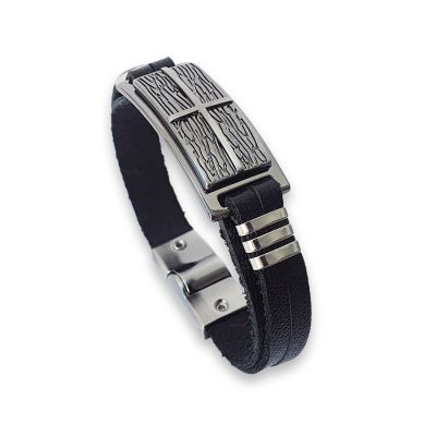 Pulseira Masculina Believe Feita Em Couro Preto Com Placa Texturizada Na Cor Grafite