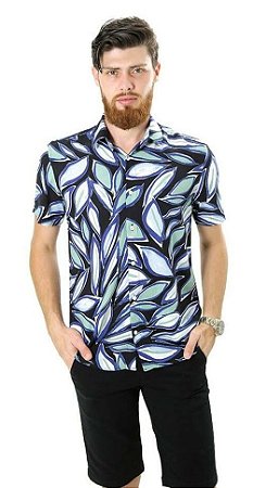 Camisa Masculina Manga Curta Viscose Modelagem Regular Folhas Preto Verde Azul