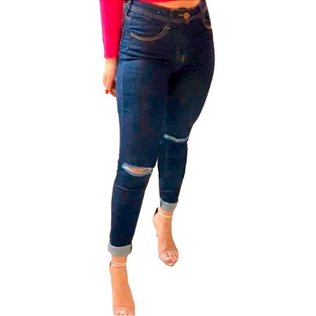 Calça Feminina Jeans Skinny Preta Cós Alto Com Det 3 Pespontos Com Bainha