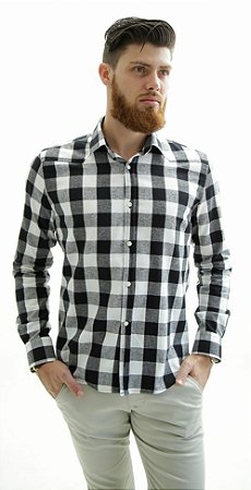 Camisa Masculina Slim Fit ML Flanelada Xadrez Branco Preto