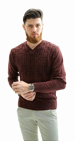 Suéter Masculino Tricot Trabalhado Estonado Vermelho Bordô