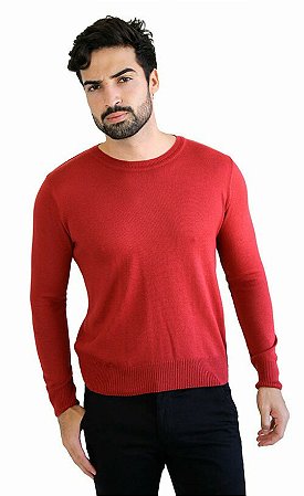 Suéter Tricot Masculino Gola Redonda Vermelho Liso